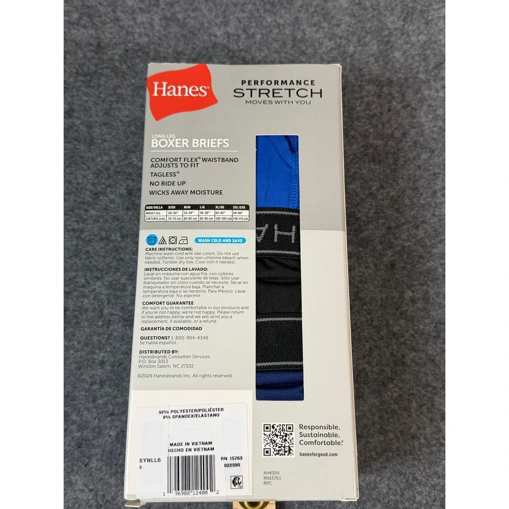 Hanes Performance Boxer Briefs Mens Small Blue/Black New 6 Pack Stretch Long Leg